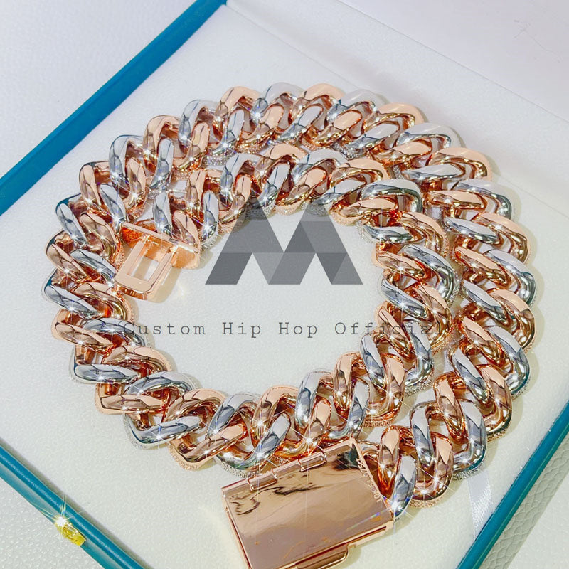 Conjunto de corrente cubana Rose Mix ouro branco VVS Moissanite diamante Baugette 25 mm