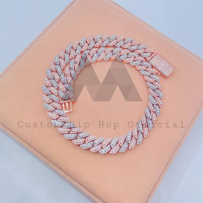 15MM Three Stone Design Miami Cuban Link Chain Moissanite Diamond Rose Gold Two Tone