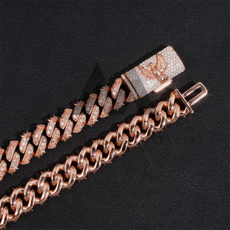 18MM Baguette Cuban Chain with rose flower and bird motifs, rose gold plated, iced out with moissanite4
