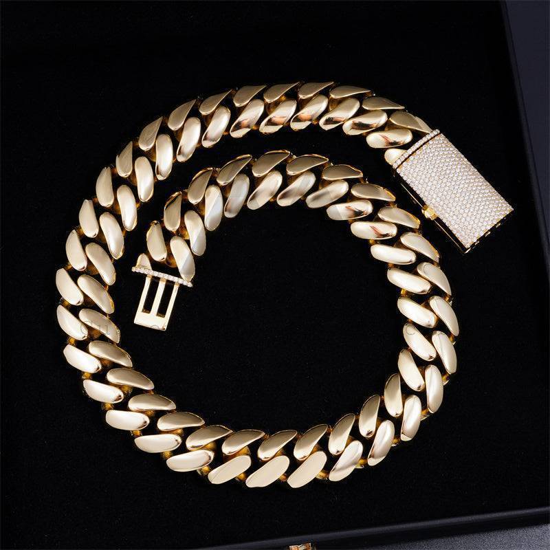 14K Gold Plated Over 925 Silver Hand Made Tight Link 20MM Moissanite Lock Plain Cuban Link Chain Miami Style