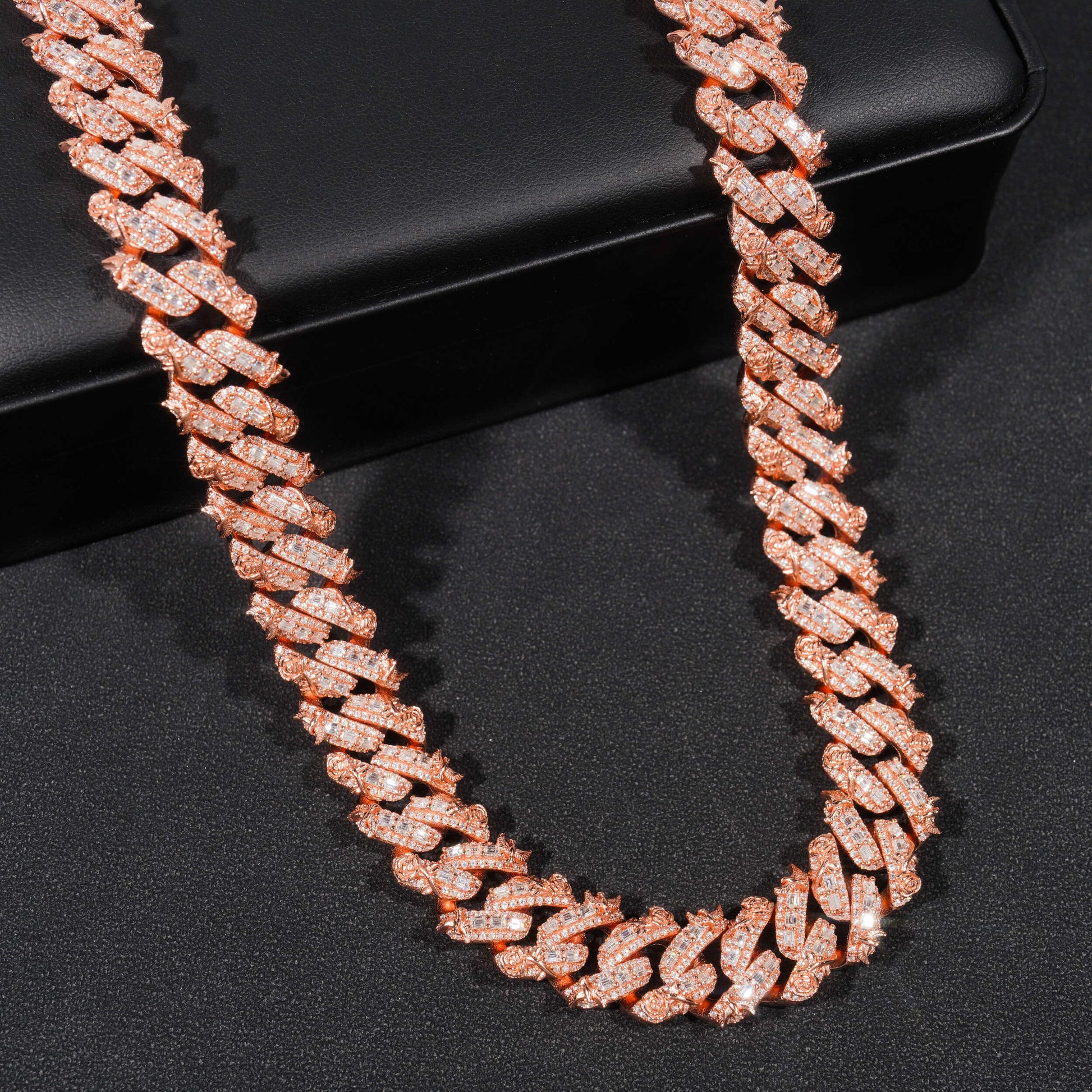 18MM Baguette Cuban Chain with rose flower and bird motifs, rose gold plated, iced out with moissanite2