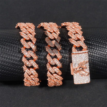18MM Baguette Cuban Chain with rose flower and bird motifs, rose gold plated, iced out with moissanite1