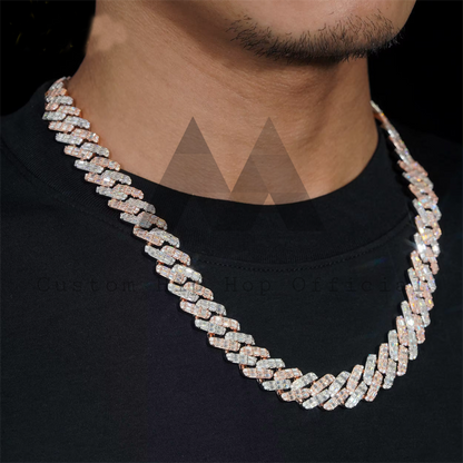 Hip Hop Iced Out 15MM Rose Gold Mix White Gold Two Tone Baguette Cuban Chain Necklace Moissanite Diamond