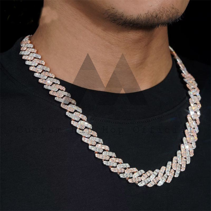 Hip hop jewelry featuring 15MM Two-Tone Baguette Cuban Chain with Iced Moissanite Diamonds