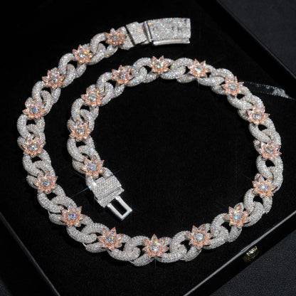 New Fashion Design Hip Hop 18MM Flower Cuban Link Chain VVS Moissanite Diamond Rapper Jewelry