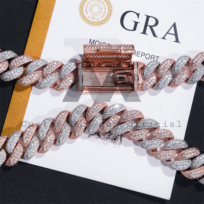 16MM Solid Silver Rose Gold Mix White Gold Plated Miami Cuban Link Chain Necklace Moissanite Diamond