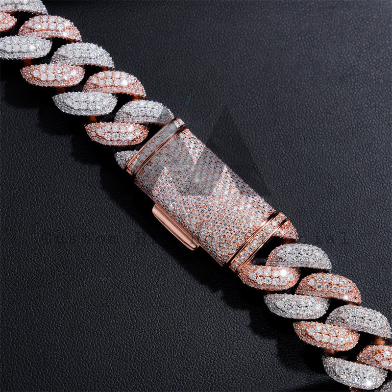 16MM Solid Silver Rose Gold Mix White Gold Plated Miami Cuban Link Chain Necklace Moissanite Diamond