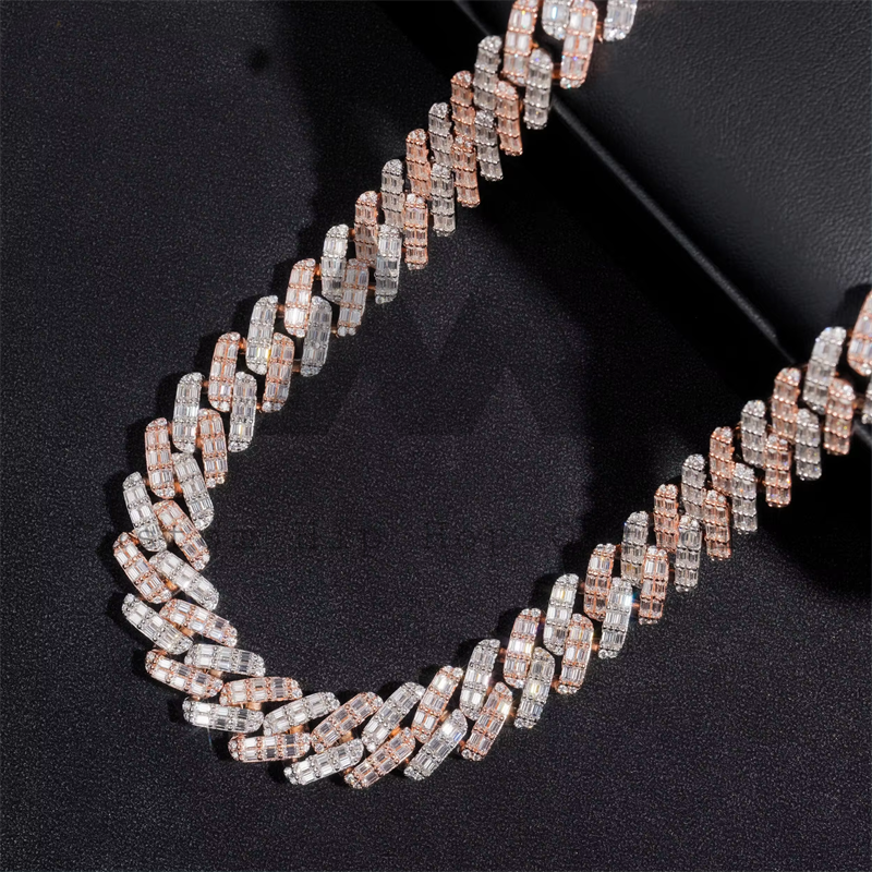 Hip hop jewelry featuring 15MM Two-Tone Baguette Cuban Chain with Iced Moissanite Diamonds