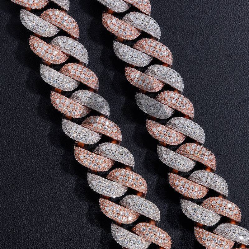 16MM Solid Silver Rose Gold Mix White Gold Plated Miami Cuban Link Chain Necklace Moissanite Diamond