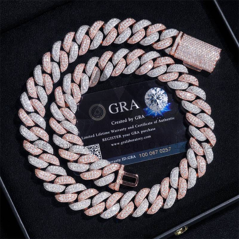 16MM Solid Silver Rose Gold Mix White Gold Plated Miami Cuban Link Chain Necklace Moissanite Diamond