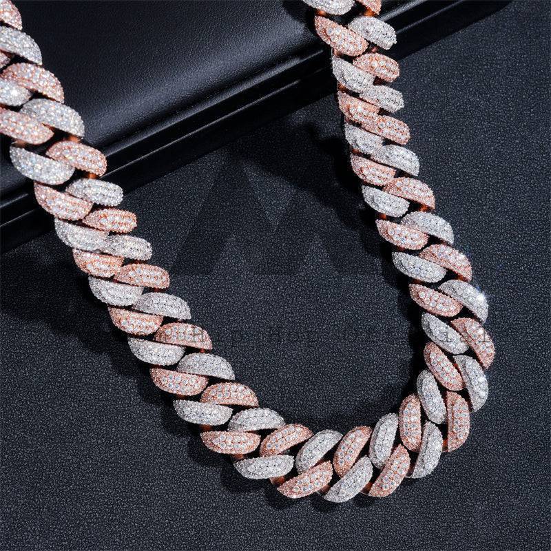 16MM Solid Silver Rose Gold Mix White Gold Plated Miami Cuban Link Chain Necklace Moissanite Diamond