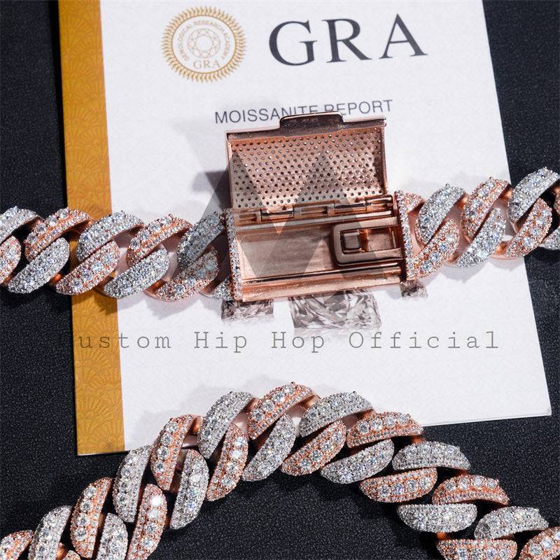 VVS Moissanite Diamond Iced Out Hip Hop 18MM Rose Gold Mix White Gold Three Rows Link Chain