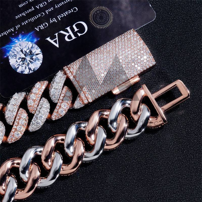 VVS Moissanite Diamond Iced Out Hip Hop 18MM Rose Gold Mix White Gold Three Rows Link Chain