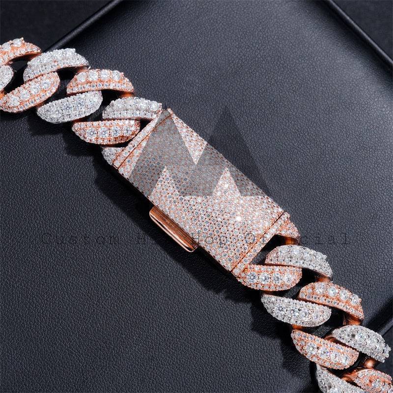 VVS Moissanite Diamond Iced Out Hip Hop 18MM Rose Gold Mix White Gold Three Rows Link Chain