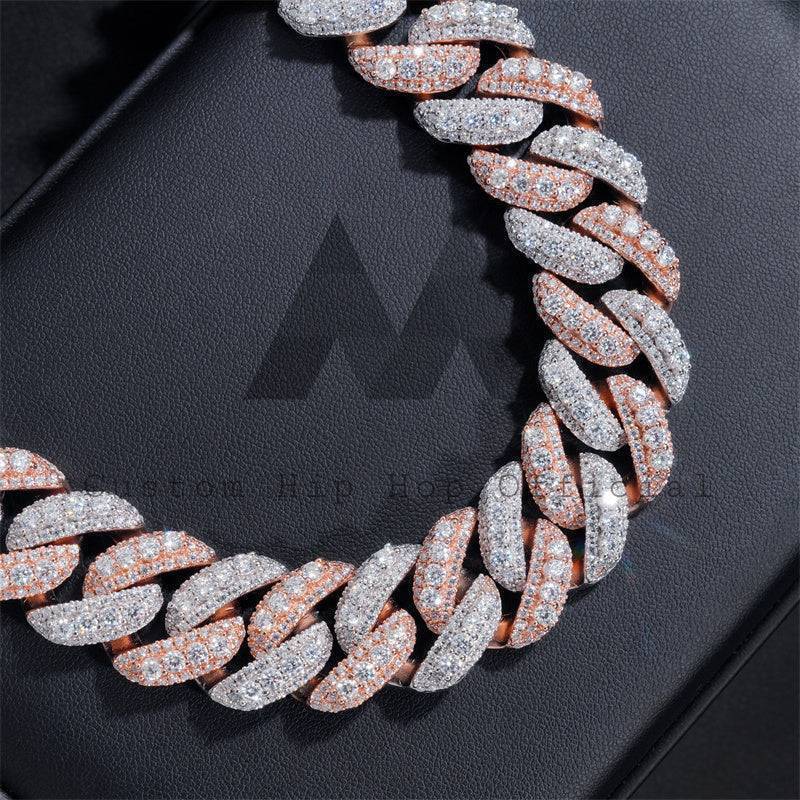 VVS Moissanite Diamond Iced Out Hip Hop 18MM Rose Gold Mix White Gold Three Rows Link Chain