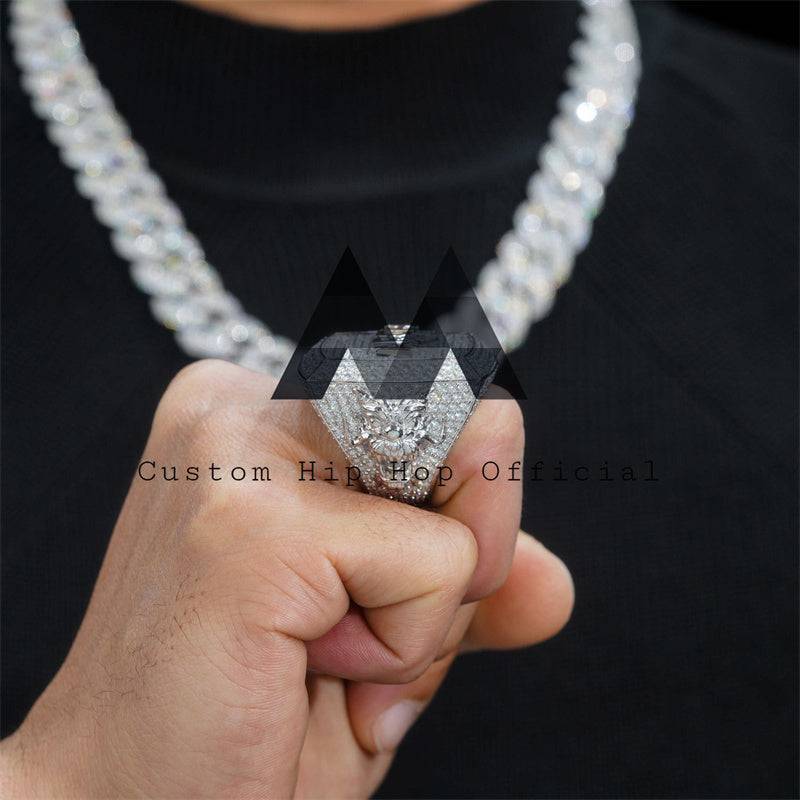 Hip hop jewelry featuring Pass Diamond Tester 35MM Big Luxury Custom Championship Ring with initials, fully iced in solid silver3