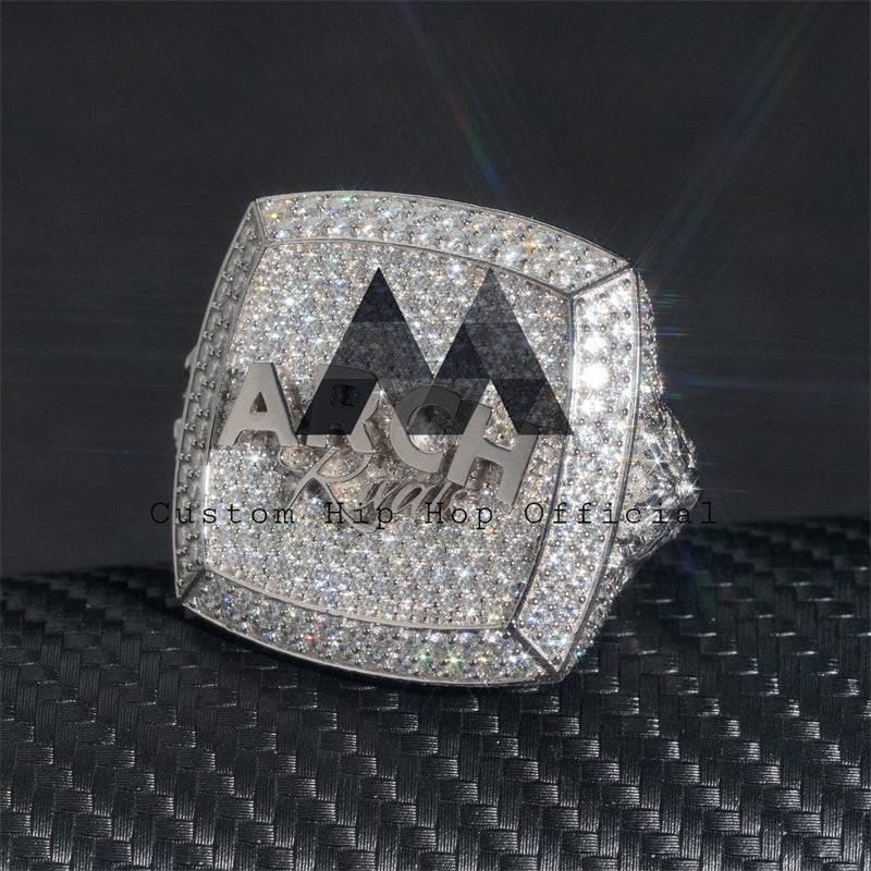 Hip hop jewelry featuring Pass Diamond Tester 35MM Big Luxury Custom Championship Ring with initials, fully iced in solid silver2