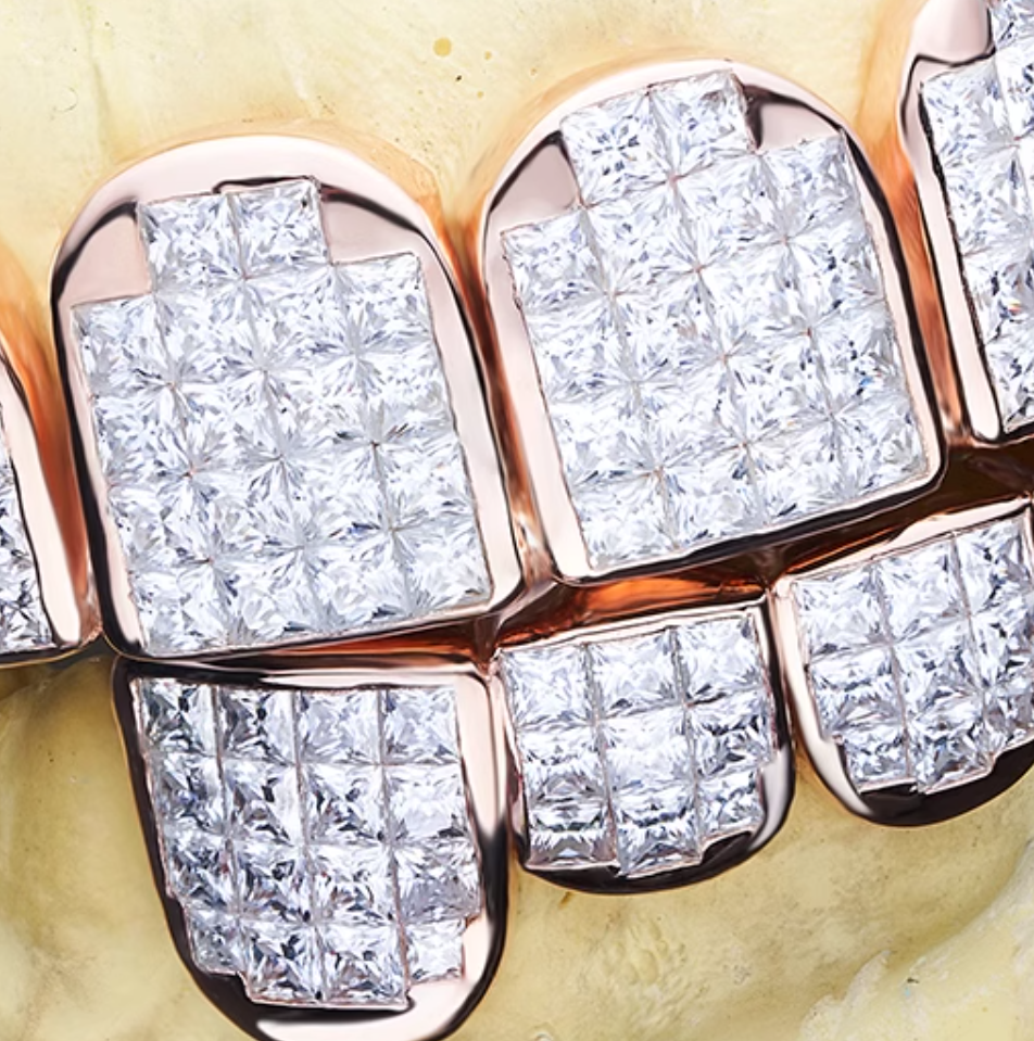 Sterling Silver Rose Gold Plated Invisible Setting Moissanite Diamond Grillz Top 6 Bottom 6