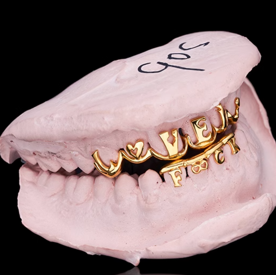 LOVE and FXXK Gold Plated Over 925 Silver Plain Design Custom Grillz For Men