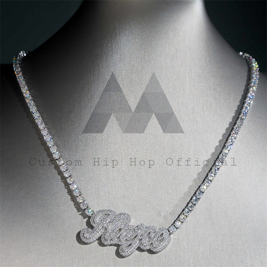 Iced Out Moissanite Silver 925 2.5" Width Name Pendant With Tennis Chain 4MM 20"