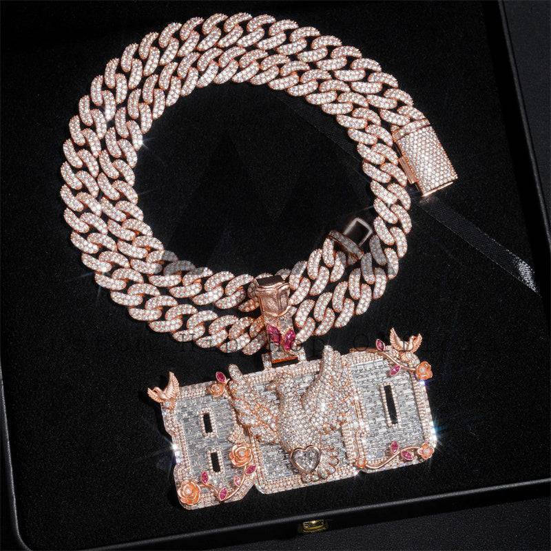 Hip hop jewelry featuring fully iced rose gold bird flower Cuban chain set with custom moissanite name pendant1