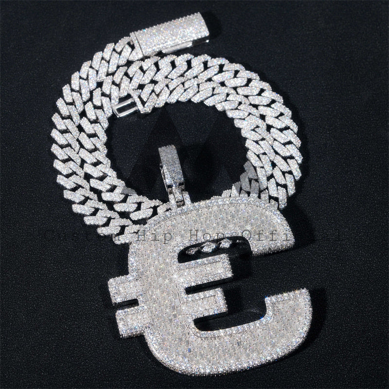 Подвеска-символ евро из стерлингового серебра 925 пробы со льдом, багет, муассанит, подходит для кубинской цепочки диаметром 10 мм.