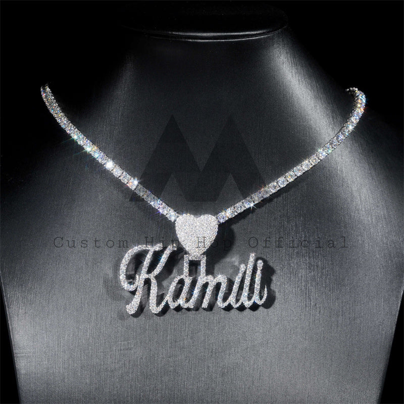 Pingente de nome personalizado de prata sólida 925 moissanite diamante congelado 2.5 "com fiança de coração adequado para corrente de tênis de 4mm
