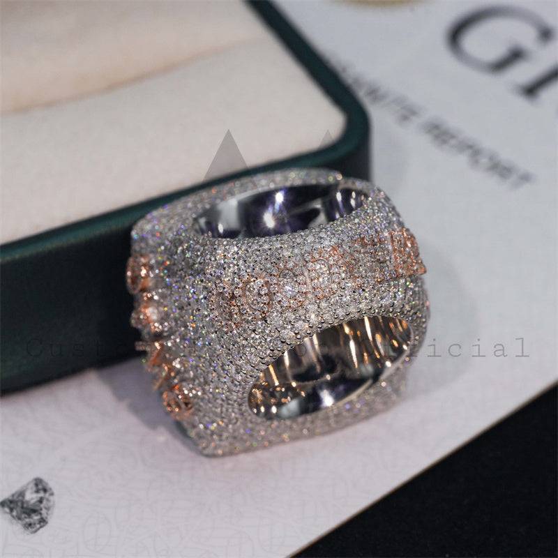 Men Iced Out Buss Down Rose Gold Two Tone Hip Hop VVS Moissanite Custom Championship Ring