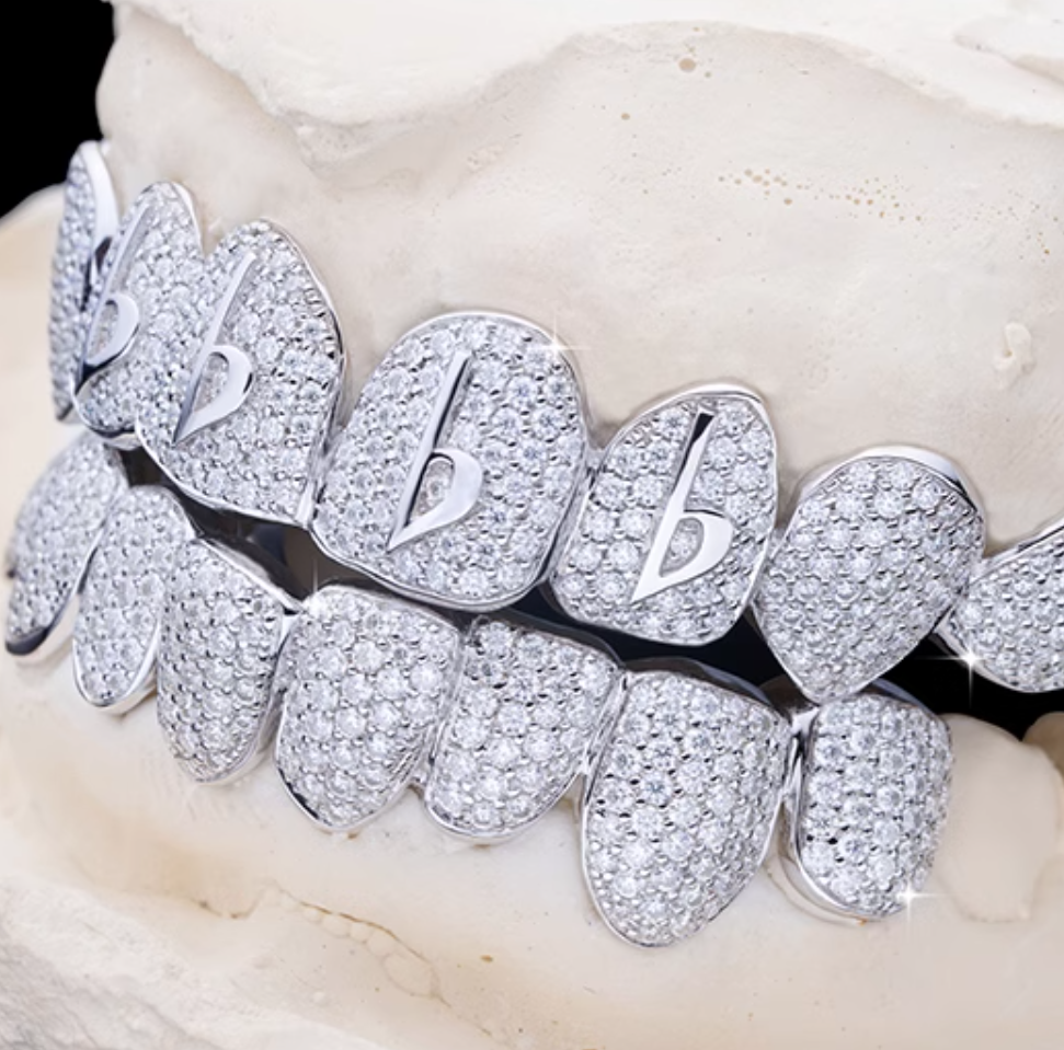 Silver Moissanite Diamond Grillz Set - Hip Hop Jewelry, 8 Top & 8 Bottom