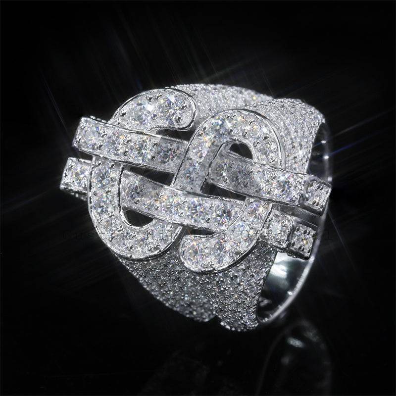 Iced out hip hop jewelry featuring Sterling Silver 925 VVS Moissanite Diamond Dollar Sign Ring for men0