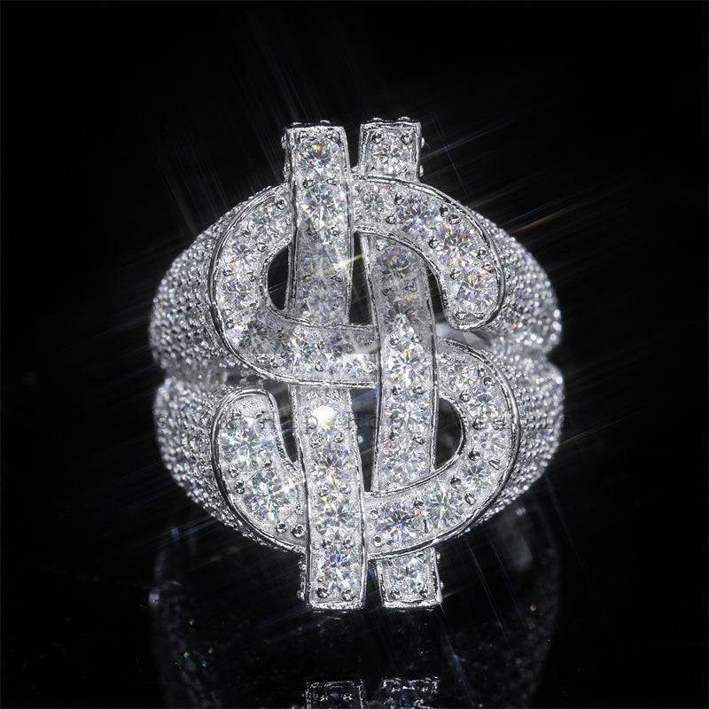 Iced out hip hop jewelry featuring Sterling Silver 925 VVS Moissanite Diamond Dollar Sign Ring for men3