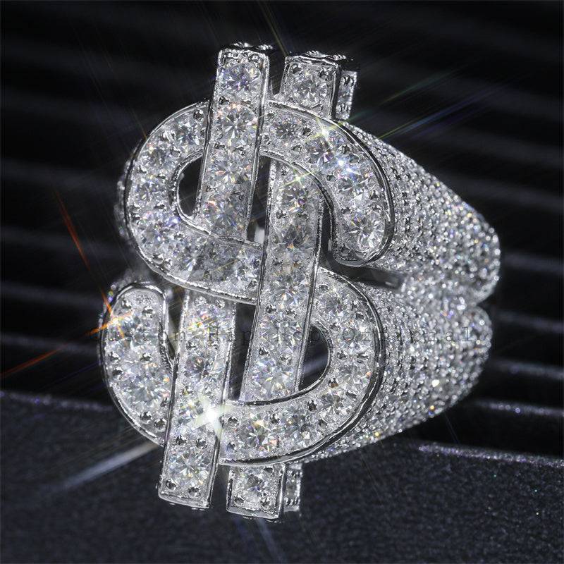 Iced out hip hop jewelry featuring Sterling Silver 925 VVS Moissanite Diamond Dollar Sign Ring for men2