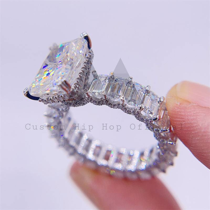 Vintage style hip hop jewelry with fully iced sides for women, 925 silver, 10K 14K 18K white gold radiant cut moissanite ring0