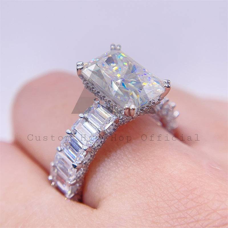 Vintage style hip hop jewelry with fully iced sides for women, 925 silver, 10K 14K 18K white gold radiant cut moissanite ring4