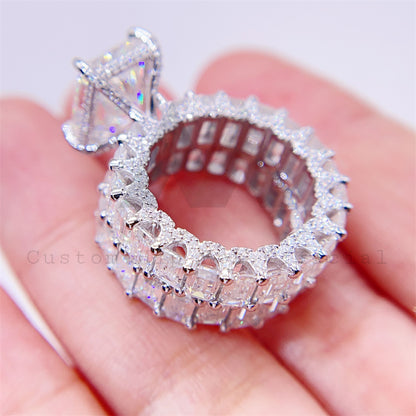 925 Sterling Silver Couple Engagement Ring Set VVS Moissanite Emerald Cut