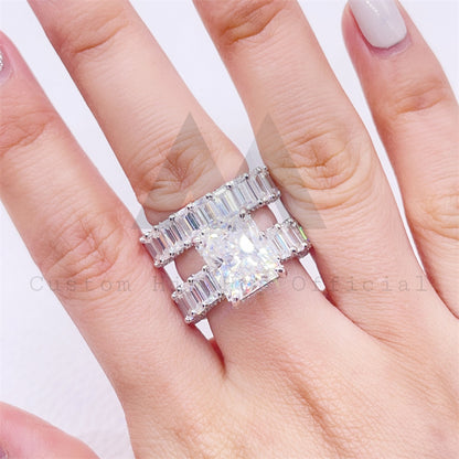 Conjunto de anel de noivado de casal de prata esterlina 925 VVS Moissanite corte esmeralda