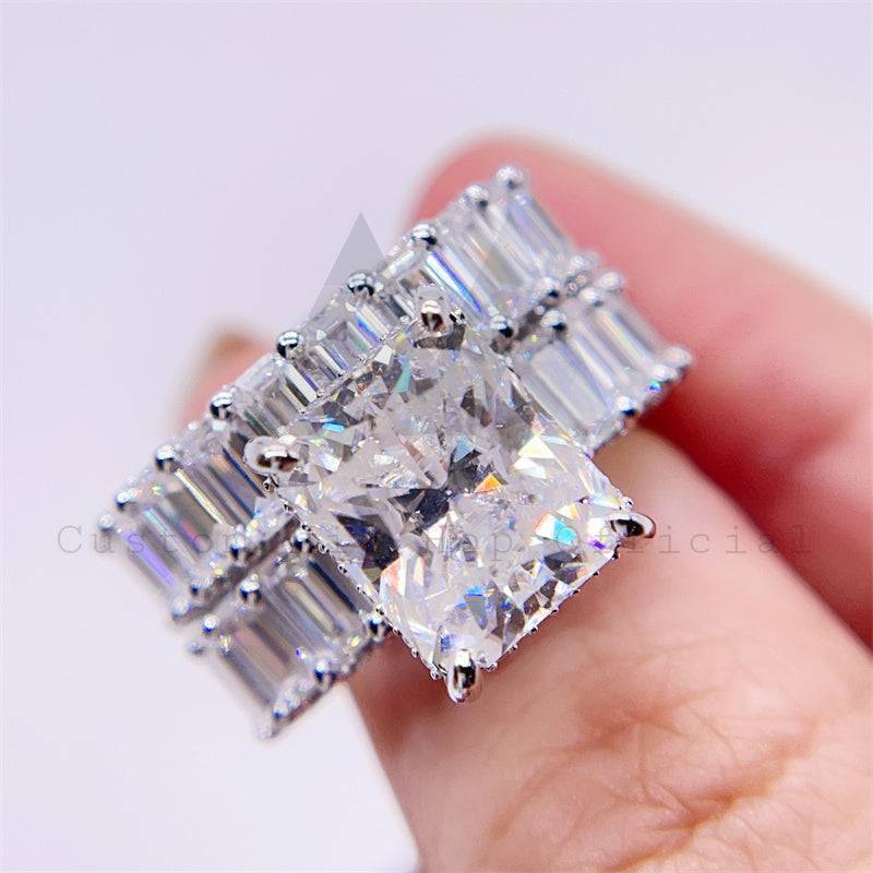 925 Sterling Silver Couple Engagement Ring Set with VVS Moissanite Emerald Cut0