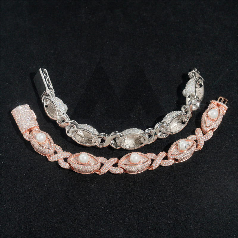 15 мм розовое золото, белое золото, ледяной VVS, муассанит, бриллиант, кубинский браслет сглаза с жемчугом