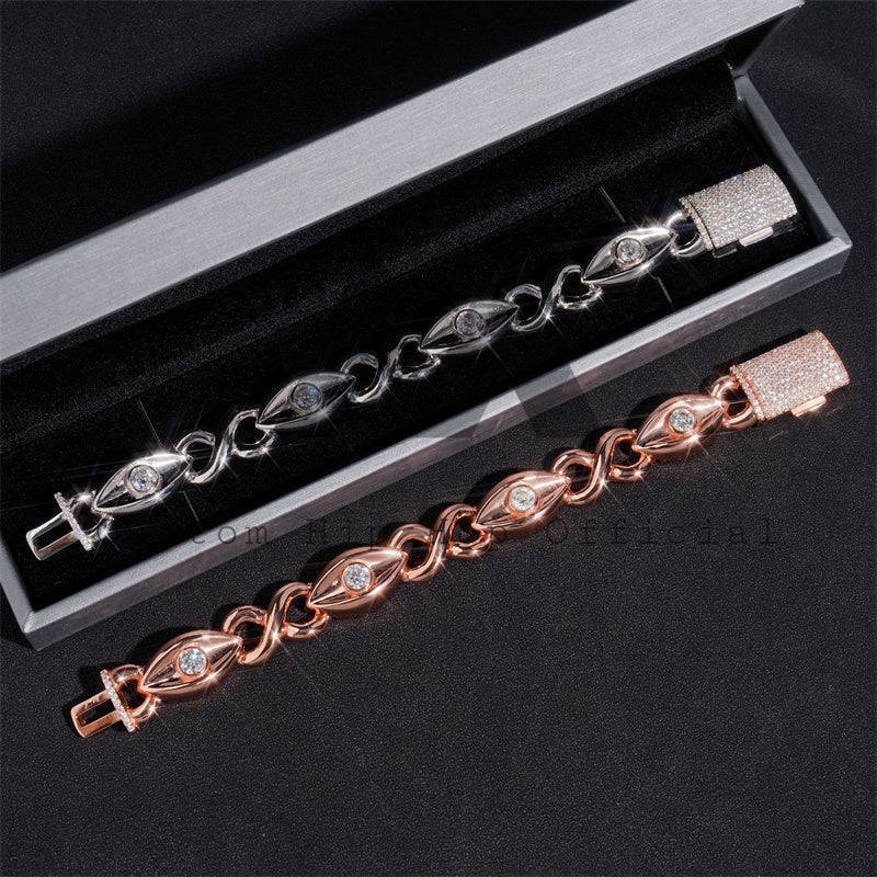 GRA Certificated 15MM Moissanite Diamond Evil Eye Cuban Link Bracelet White Gold Rose Gold