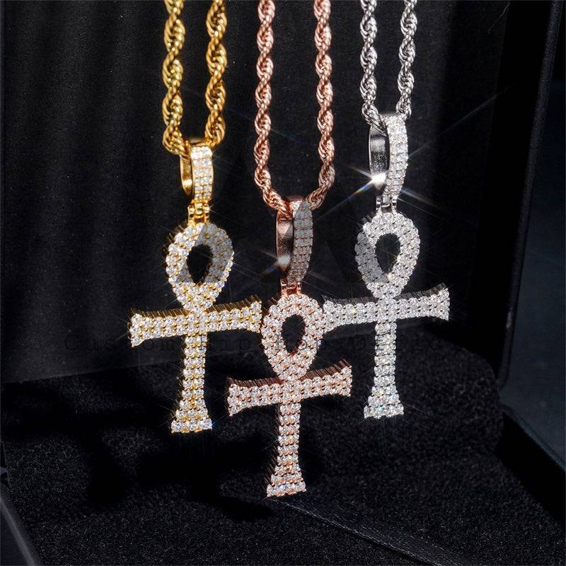 Iced Out Moissanite Diamond Ankh Cross Pendant hip hop jewelry for men with 4MM Tennis Chain3