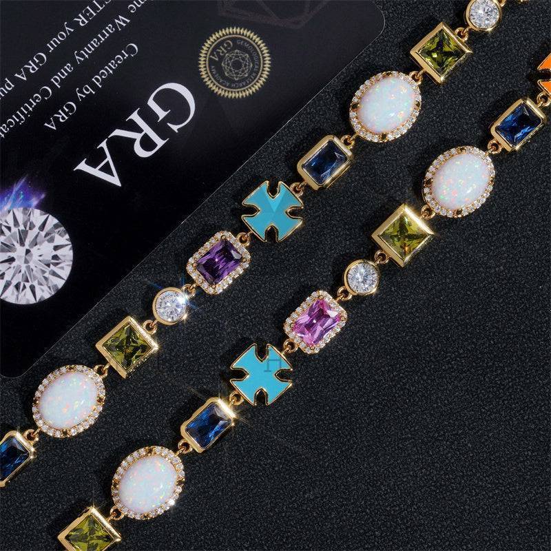 Colorful gemstone bracelet on black, suggesting exclusive hip hop jewelry VIP status