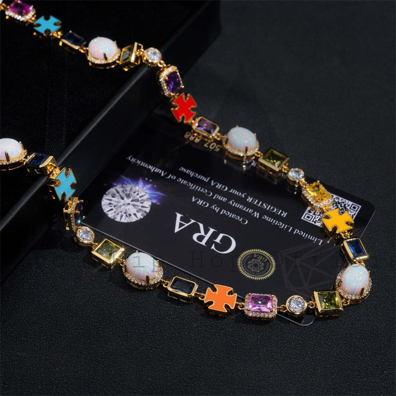 13MM Color Cubic Zirconia Gemstones Mix Moissanite Tennis Chain Necklace