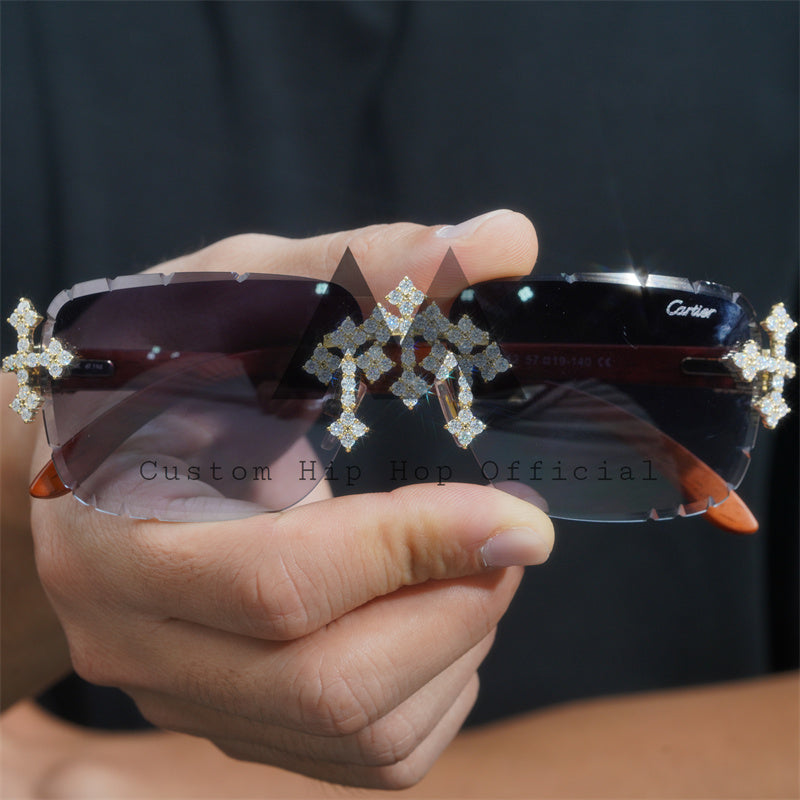 Óculos de sol hip hop prata esterlina VVS Moissanite diamante cromado estilo coração gelado