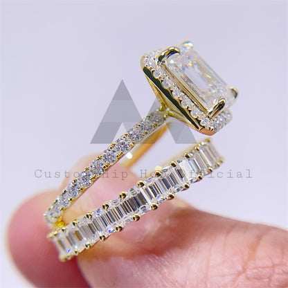 Conjunto de aliança de casamento de moissanite com corte esmeralda em ouro real 10K 14K 18K e testador de diamante
