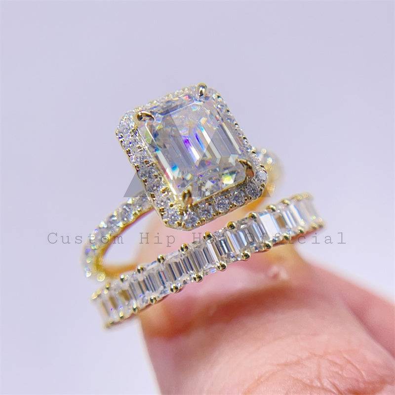 10K 14K 18K Real Gold Emerald Cut Moissanite Engagement Wedding Ring Set Pass Diamond Tester