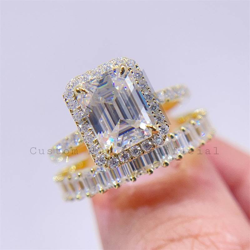 Conjunto de aliança de casamento de moissanite com corte esmeralda em ouro real 10K 14K 18K e testador de diamante