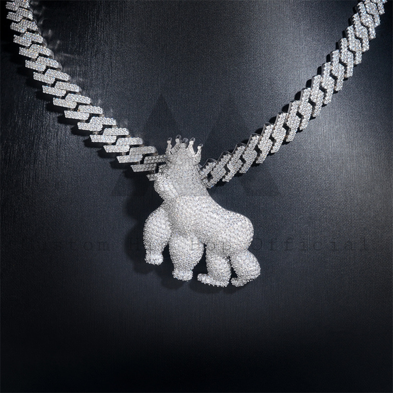 925 Sterling Silver Fully Iced 3D Design Animal Gorilla Pendant Hip Hop