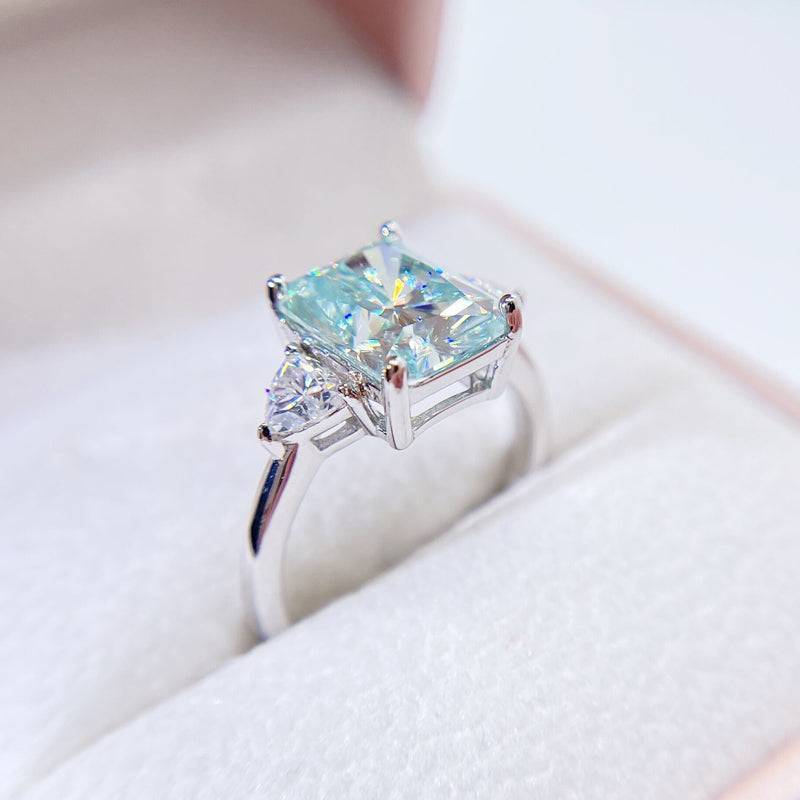 White Gold Three Stone Design Radiant Cut Tiffany Blue Moissanite Ring For Women