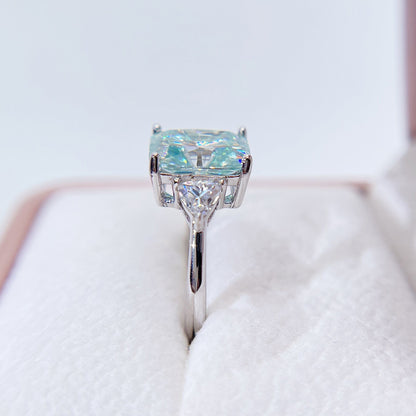White Gold Three Stone Design Radiant Cut Tiffany Blue Moissanite Ring For Women