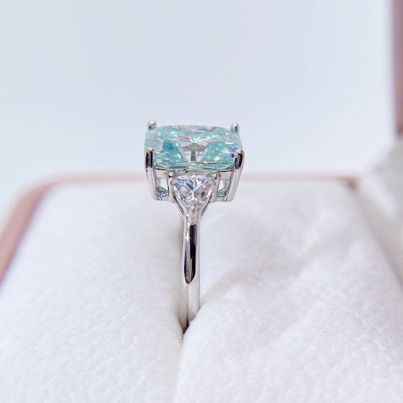 White Gold Three Stone Design Radiant Cut Tiffany Blue Moissanite Ring For Women